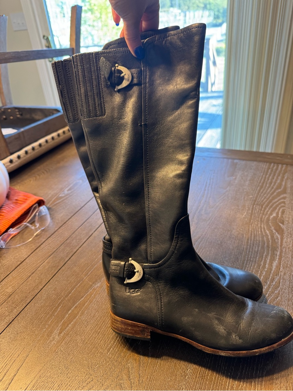 UGG Black Leather Mid-Calf Riding Boots with Buckle Detail